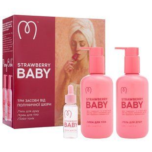 Набір проти полуничної шкіри Strawberry Baby: Гель для душу зволожуючий 250 г + Крем для екстра-зволоження 250 г + Тонік-пілінг для тіла 30 г + Саліциловий пілінг від прищиків та врослого волосся 30 г в подарунок