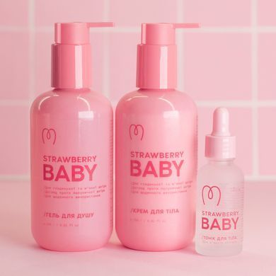 Набор против клубничной кожи Strawberry Baby: Гель для душа увлажняющий 250 г + Крем для экстра-увлажнения 250 г + Тоник-пилинг для тела 30 г + Салициловый пилинг от прыщиков и вросших волос 30 г в подарок