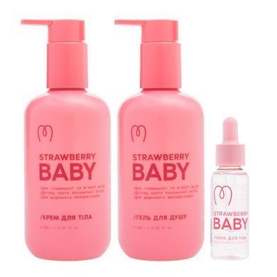 Набор против клубничной кожи Strawberry Baby: Гель для душа увлажняющий 250 г + Крем для экстра-увлажнения 250 г + Тоник-пилинг для тела 30 г + Салициловый пилинг от прыщиков и вросших волос 30 г в подарок