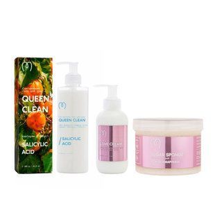 Для бережного увлажнения: Салициловый гель для душа Queen Clean &laquo;Каникулы у бабули&raquo; 350 мл + Скраб для тела Розовые Облака 500 мл + Увлажняющий крем для тела для всех типов кожи Love Cream 200 мл &mdash; Изображение &mdash; уходовая косметика для тела Mary Babe