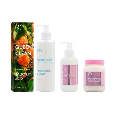 Для дбайливого зволоження: Саліциловий гель для душу Queen Clean &laquo;Канікули у бабусі&raquo; 350 мл + Скраб для тіла Рожеві Хмаринки 500 мл + Зволожуючий крем для тіла для всіх типів шкіри Love Cream 200 мл &mdash; Зображення &mdash; Mary Babe &mdash; усе для депіляції та догляду за тілом